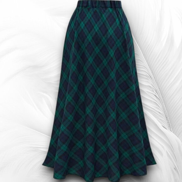 Green & Navy Tartan Plaid A-Line Skirt With Elastic Waist - Picture 2 of 7